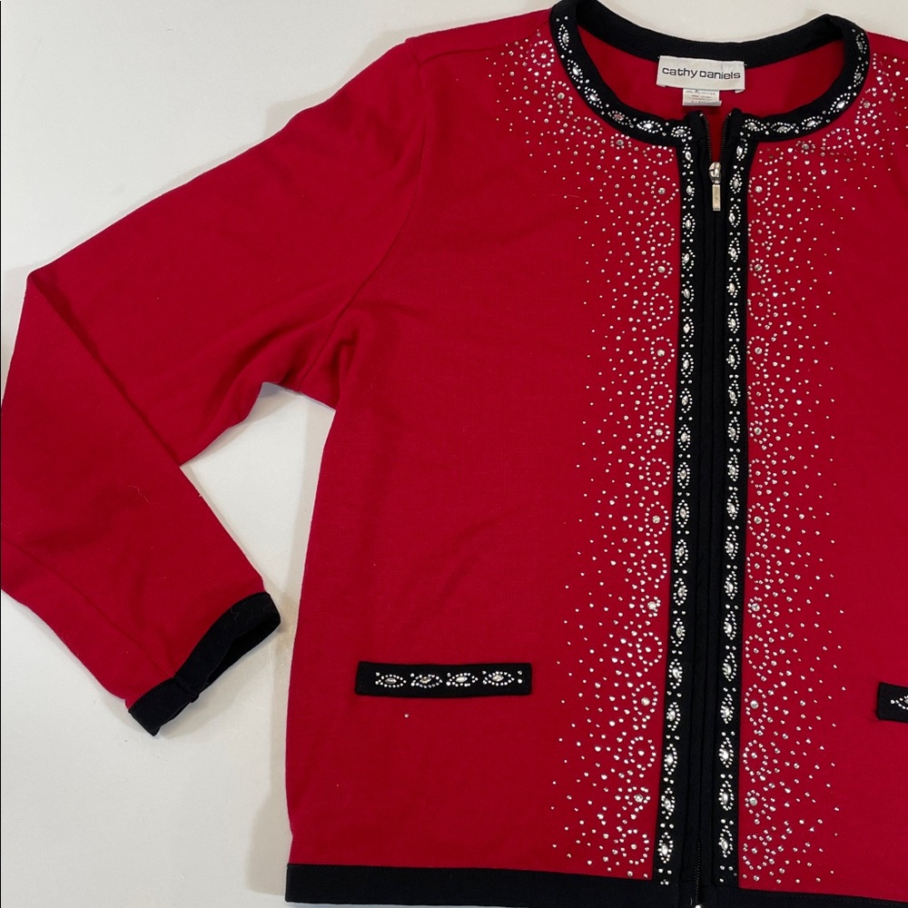 Cathy Daniels Red Cardigan Sweater Studded Rhinestone Trim Womens Sz XL - Picture 4 of 8